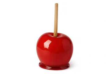 Red candy apple on wooden stick, transparent background