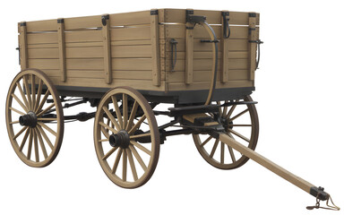Vintage wooden horse-drawn wagon with large spoked wheels and metal hardware, isolated on white background
