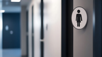 A clear, modern restroom entrance with a distinctive female symbol displayed prominently. Clean design, neutral colors, and minimalist elements enhance the welcoming atmosphere.
