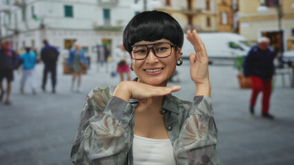 Fototapeta premium Young chinese woman with glasses poses playfully on a bustling city street framing her face with hands expressing joy amidst an urban environment, highlighting lively outdoor ambiance.