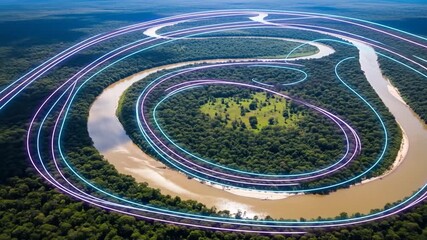 Futuristic light trails flow above a winding river in a dense rainforest, symbolizing a connection between nature and tech - Powered by Adobe