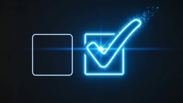 Glowing blue neon checkmark in a square box, signifying completion or approval against a dark background motion animation video