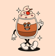 Groovy coffee latte character. Flat vector illustration.