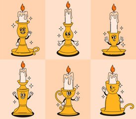 Set of groovy golden candles characters in retro style. Flat vector illustration.