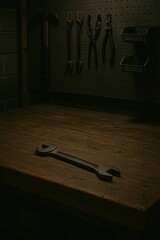 silent wrench scene, dusty workbench with wrench, abandoned garage scene with shadowed tools