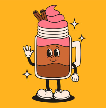 Groovy latte with cinnamon character. Flat vector illustration.