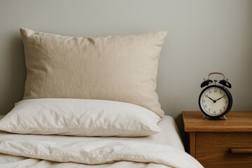 comfortable bed with vintage clock, relaxing bedroom scene with soft linens and antique alarm