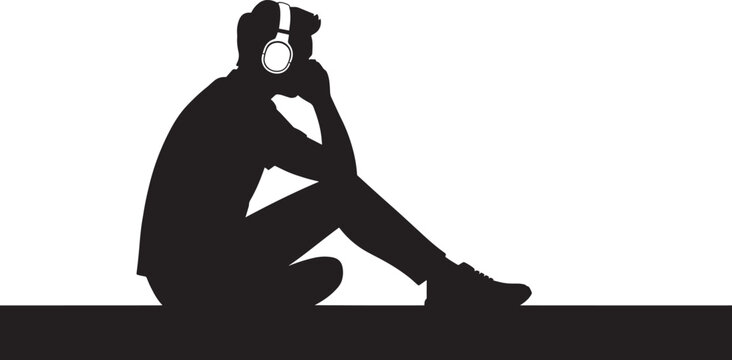 Silhouette Man Listening Headphones Lost in Thoughts Contemplation