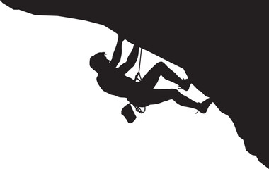 Silhouette of a Rock Climber Scaling Overhanging Cliff With Harnesses And Gear In Vector Format