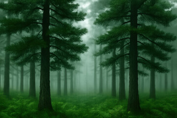Obraz premium Green pine trees standing in a moody misty forest