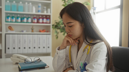 Doctor wearing stethoscope using smartphone in a hospital room, surrounded by medical supplies and...