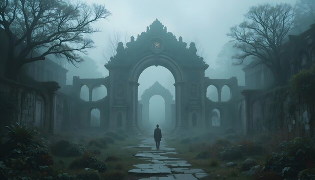 man walking towards ancient ruins archway gate in misty fog