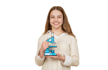 School biology girl hold microscope. Student of biology. Back to school. Teen girl with microscope isolated on white. Biology science for schoolgirl. Microscope research. Scientific education