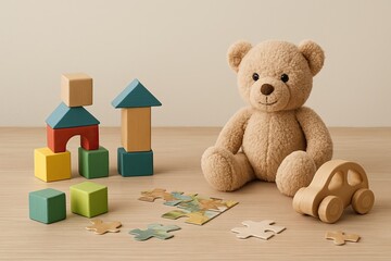 creative play imagery, wooden blocks and teddy bears, building towers with softtoned toys