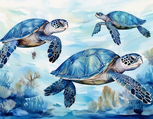 watercolor sea turtle pattern showing reptiles swimming in blue monochromatic palette