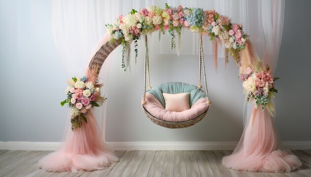 hanging flower swing decorated with pastel colored tulle for newborn photography