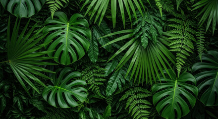 A close up shot of various green leaves including monstera ferns and palm fronds filling the frame