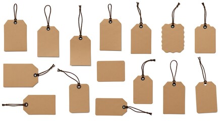 Collection of kraft paper gift tags with string isolated on white background