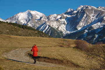 Fototapeta premium Woman hiking mountains using trekking poles enjoying nature