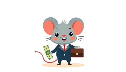 cartoon illustration of a mouse carrying money and a business bag