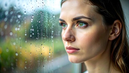A woman with piercing green eyes gazes out of a rain-streaked window