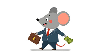 cartoon illustration of a mouse carrying money and a business bag