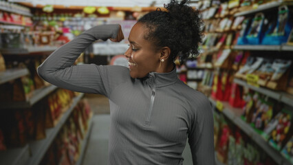 African american woman flexing biceps in supermarket aisle with stocked shelves; empowerment...