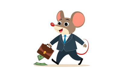 cartoon illustration of a mouse carrying money and a business bag