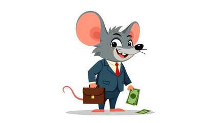 cartoon illustration of a mouse carrying money and a business bag