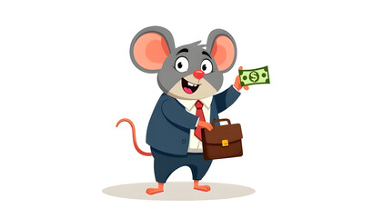 cartoon illustration of a mouse carrying money and a business bag