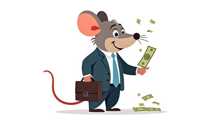 cartoon illustration of a mouse carrying money and a business bag
