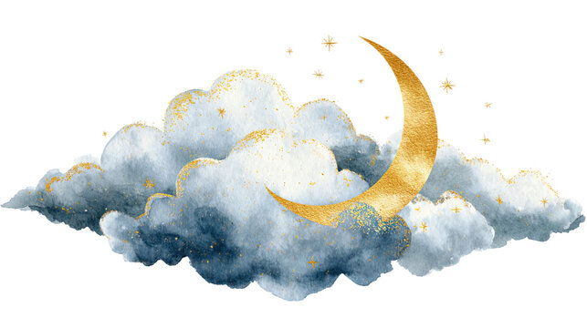Watercolor golden crescent moon above dreamy clouds with stars, celestial night sky illustration isolated on transparent background