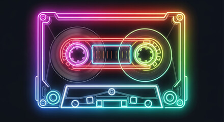 Fototapeta premium A vibrant neon cassette tape outline against a dark background with rainbow color gradient effect