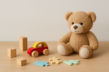 minimalist nursery with wooden toys, serene nursery featuring ecofriendly toys and soft lighting