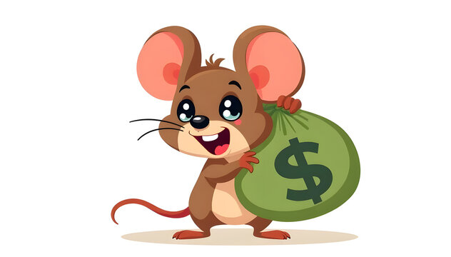 cartoon illustration of a mouse carrying a bag of money