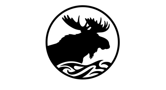 Silhouette of a moose head with antlers in an oval frame isolated on white background