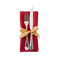 Elegant silver-plated fork and knife set in a red napkin with a gold ribbon, perfect for festive holiday dining, upscale restaurant promotions, Christmas menus, and special occasion catering.