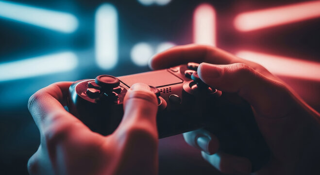Close up of hands holding a game controller with a neon light background in a dark environment - Powered by Adobe