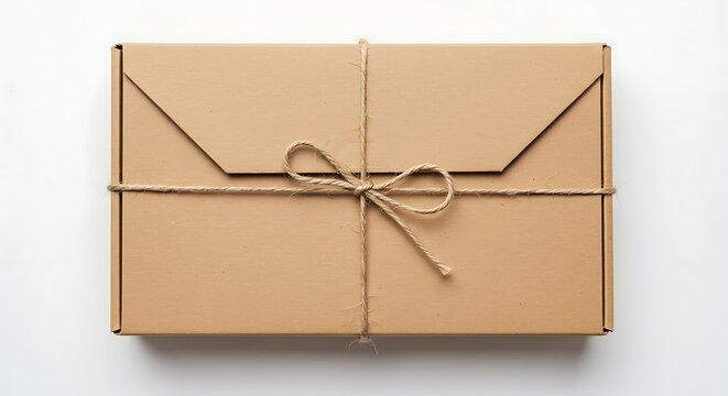 Brown cardboard box tied with twine isolated on cream beige background