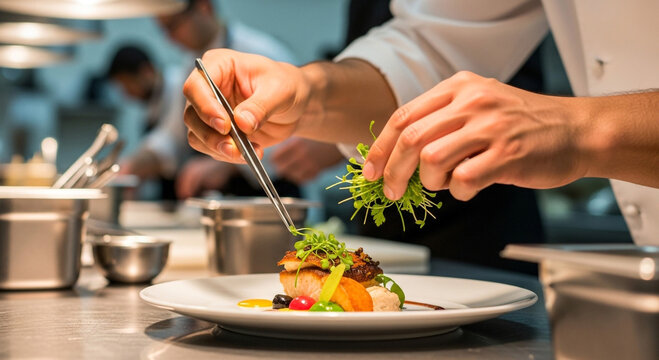 Professional chef meticulously plating elegant seafood dish in gourmet kitchen, adding fresh herbs with precision for a stunning culinary masterpiece