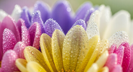 Fototapeta premium Fresh colorful daisy petals glistening with dewdrops make for a stunning macro floral photograph that evokes nature's beauty and spring's gentle touch
