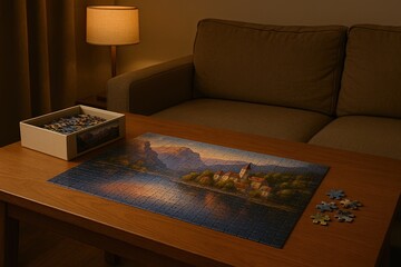 cozy living room with puzzle and warm light, peaceful scene of puzzle assembly in softly lit living