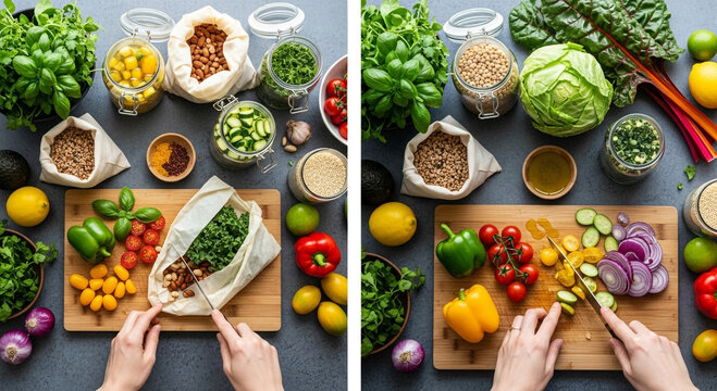 Fresh, vibrant produce being prepped for a healthy meal with sustainable zero waste containers and reusable bags for a colorful and wholesome lifestyle