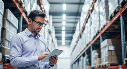 Man in warehouse using tablet with shelves filled with boxes in the background and wearing glasses