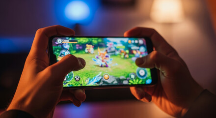 Person holding smartphone playing mobile game with fantasy characters on the screen at home at night