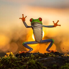 Colorful frog with red eyes poses, illuminated by warm sunlight, blurred background
