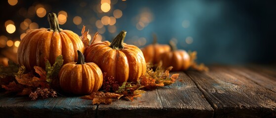 Enchanted autumn night: pumpkins and sparkling backdrops. Cinematic poster. Halloween pumpkins on table with soft glowing bokeh background. Epic poster. Poster design.