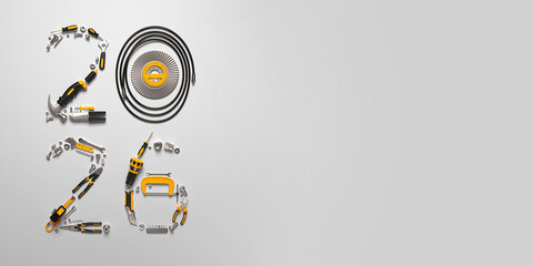 Creative 2026 New Year design template on engineering, construction, interior finishing, repair and maintenance theme. 3d render illustration for a greeting card, calendar or banner.