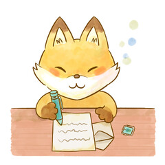 Cute watercolor fox writing a letter illustration, kids education and communication concept, copy space, isolated on white background