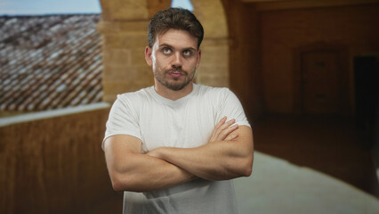 Fototapeta premium Man with arms crossed and smirk, exposed forearms on old town street by stone building; urban skepticism.